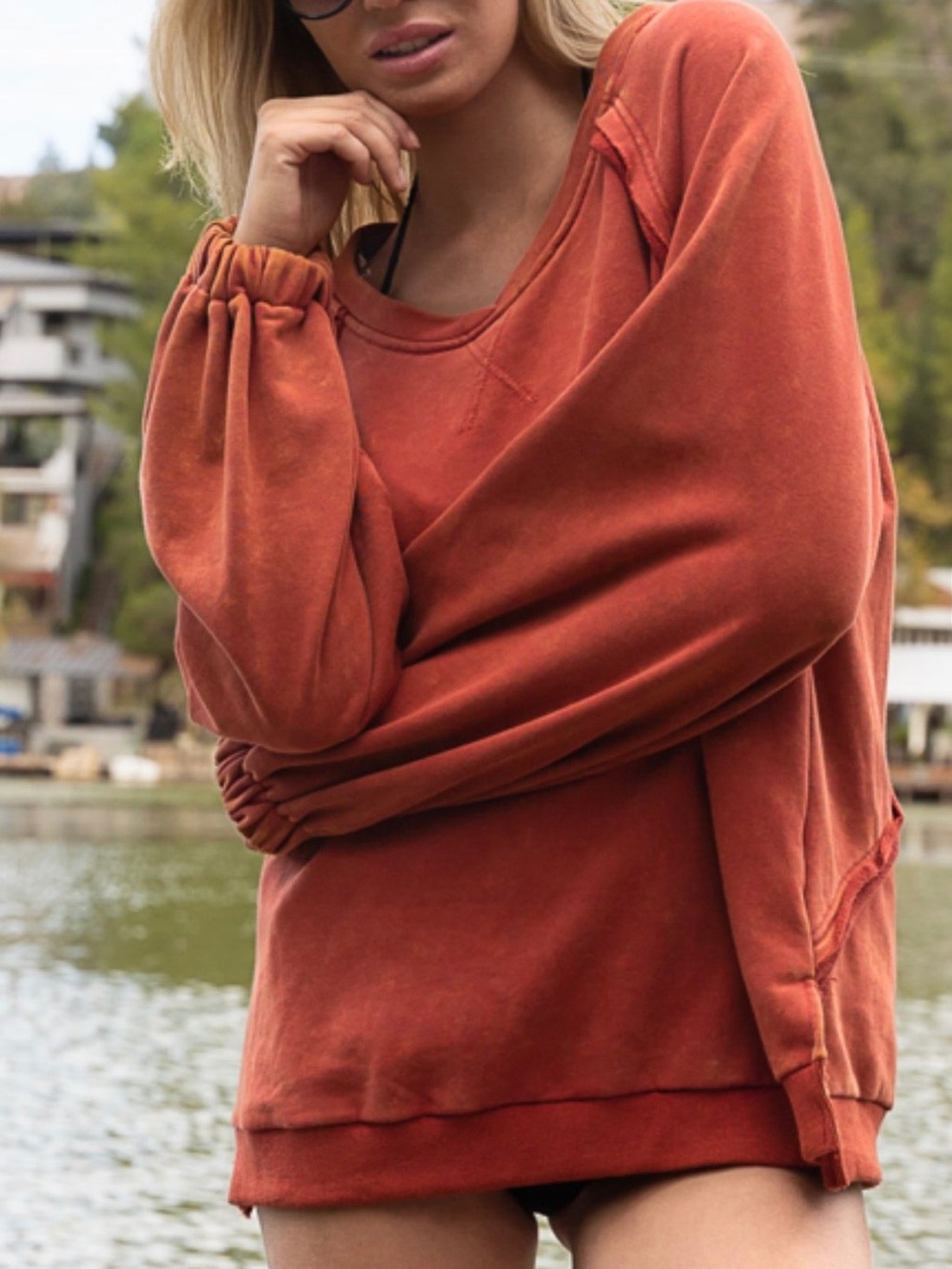 POL French Terry Cross Back Sweatershirt in Poppy Washed Rust Long Sleeve